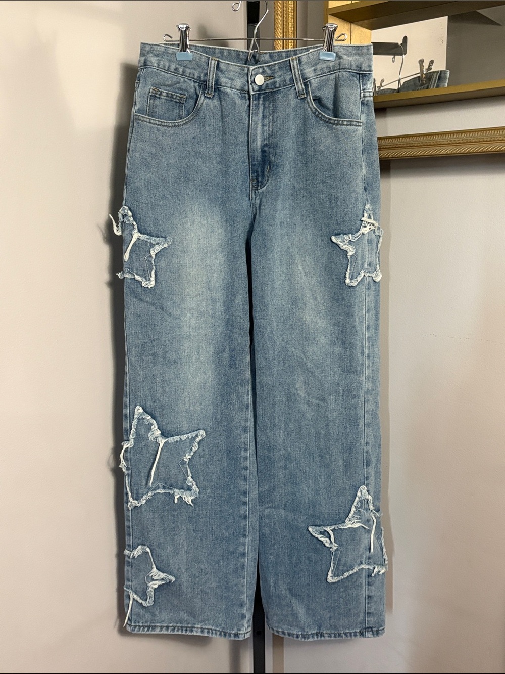 Size 8 Large Wide Leg Star Patch Light Blue Grunge Punk Denim Jeans